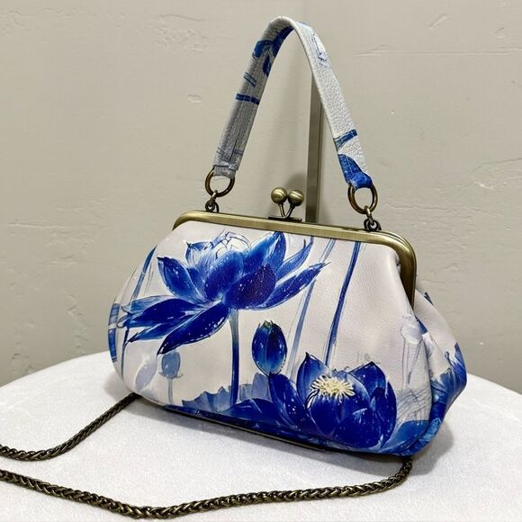 Laurie's Collection Handbags - Vintage Style Handmade Cowhide Leather Lotus Print Kisslock Purse, Multi Use Bag